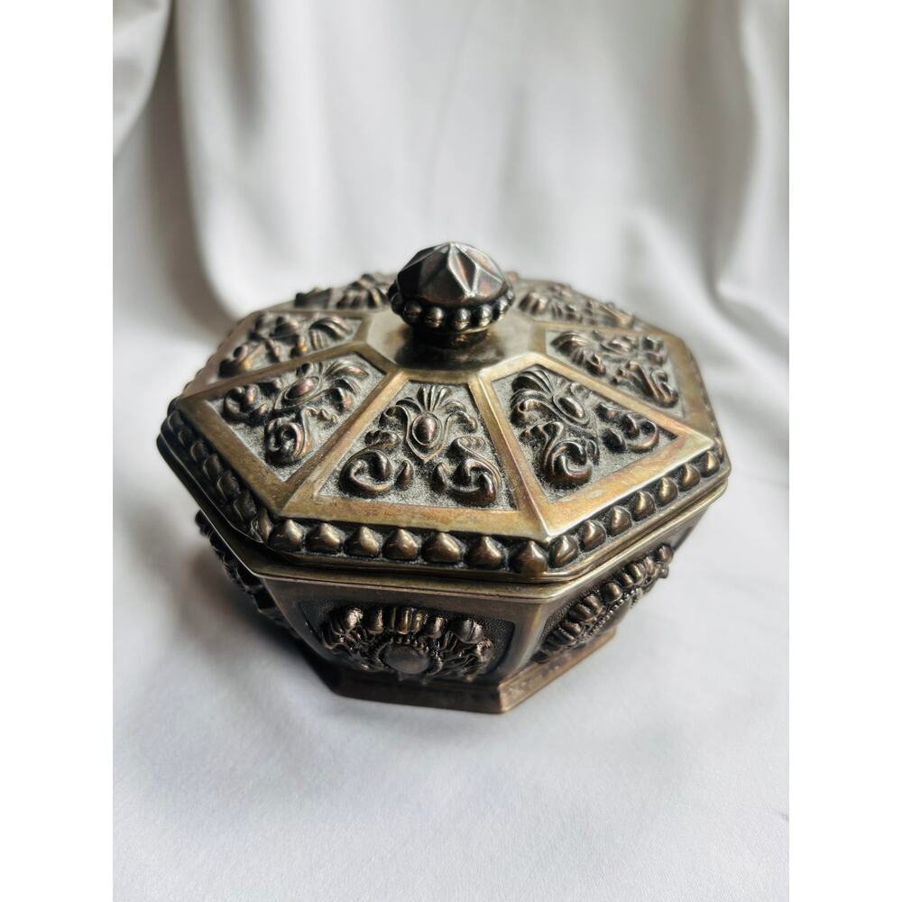 Ornate Cast Metal Jewelry Trinket Box Octagonal Repousse Floral